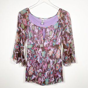 Diane Von Furstenberg 100% Silk Retro 90's Y2K Paisley Floral Print Pleated Top